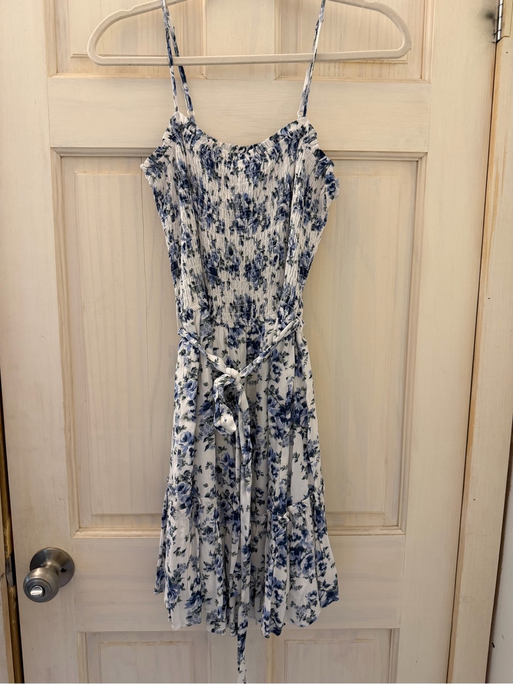 Row A - Blue Floral Smocked Midi Dress with Tie Waist